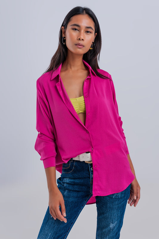 Chemise manches longues décontractée en satin fuchsia