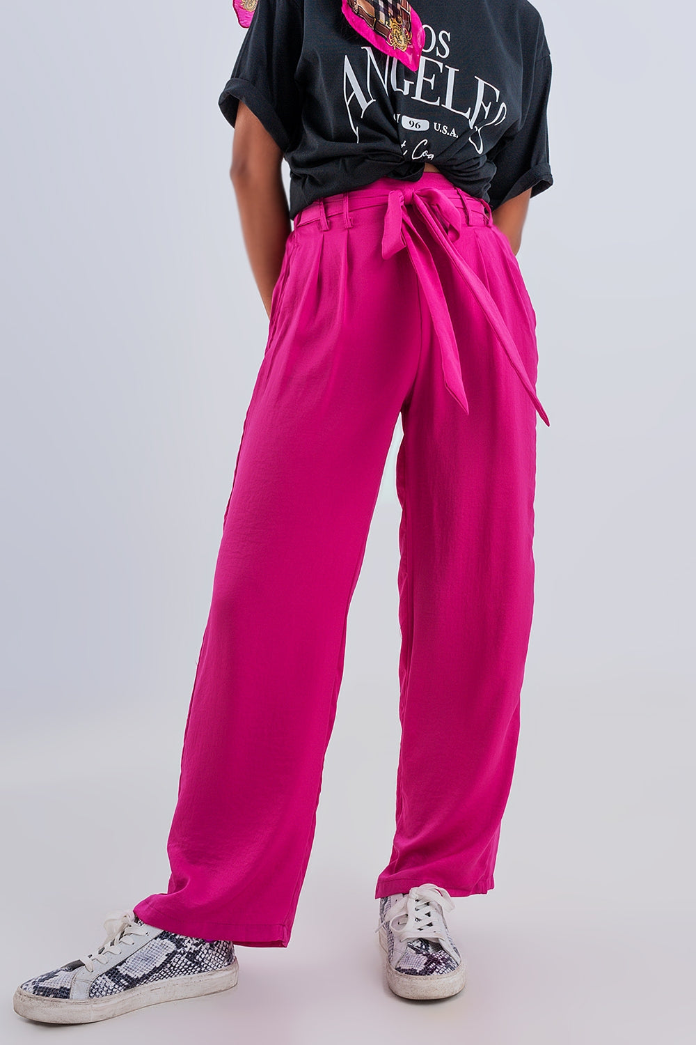 Pantalon large à ceinture fuchsia