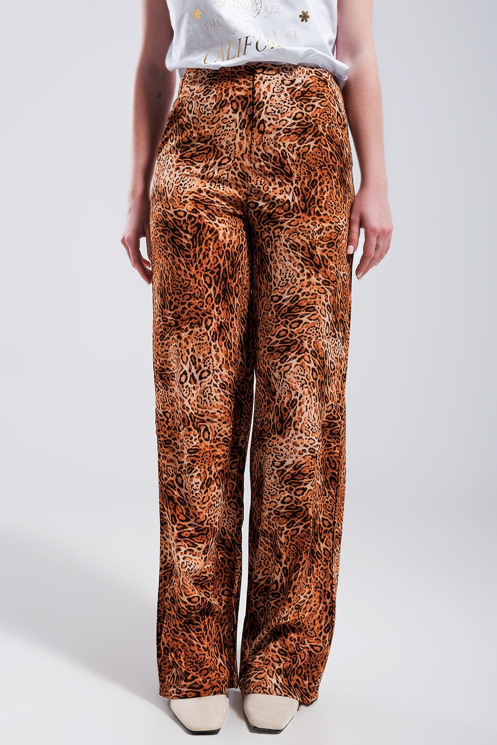 Pantalon large léger à enfiler et imprimé léopard Marron
