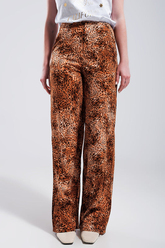 Pantalon large léger à enfiler et imprimé léopard Marron