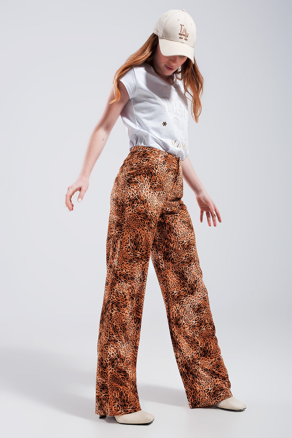 Pantalon large léger à enfiler et imprimé léopard Marron
