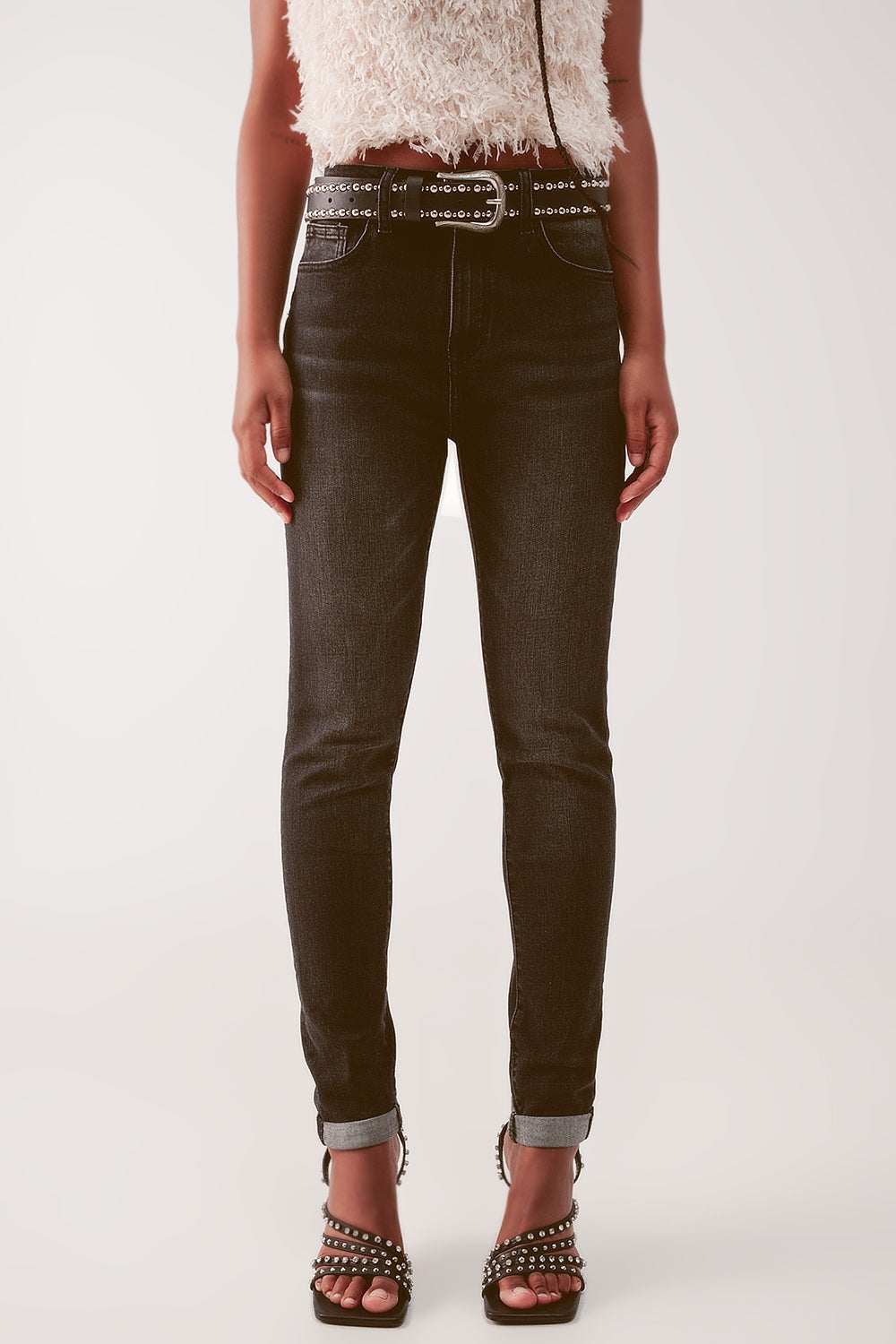 Jean skinny à taille très haute Noir délavé