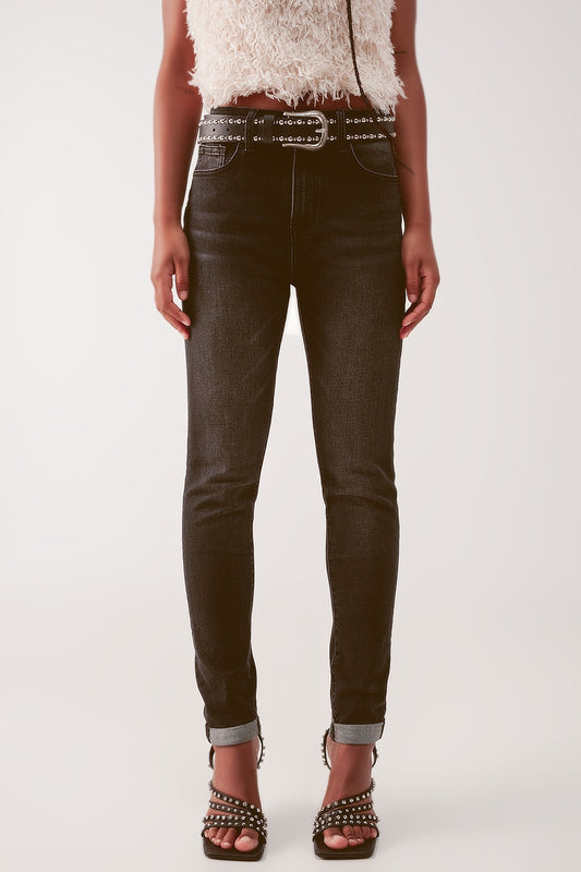 Jean skinny à taille très haute Noir délavé