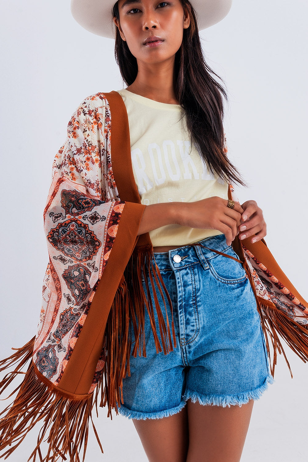 Kimono à imprimé avec ourlet à franges marron