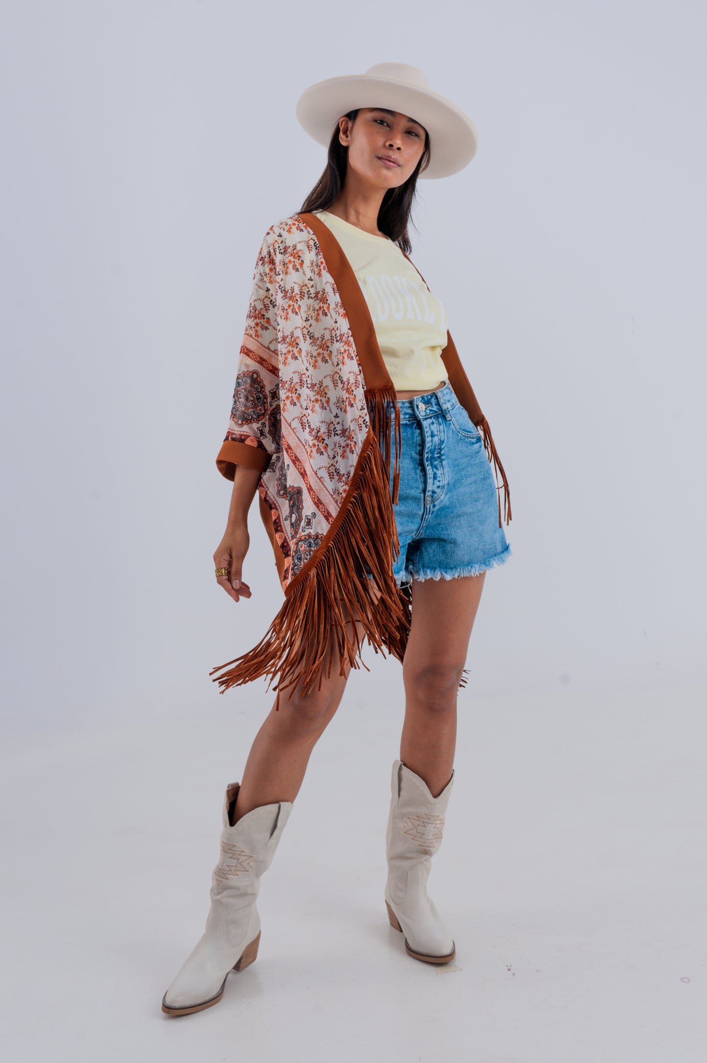 Kimono à imprimé avec ourlet à franges marron