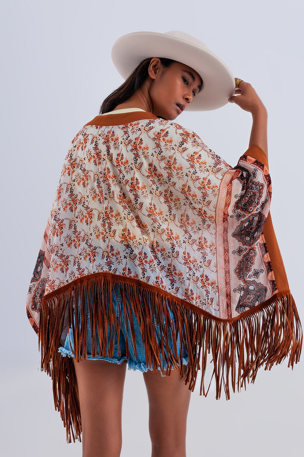 Kimono à imprimé avec ourlet à franges marron