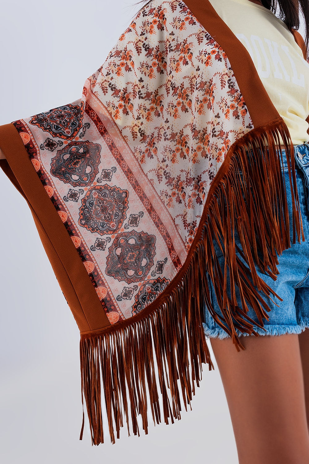 Kimono à imprimé avec ourlet à franges marron