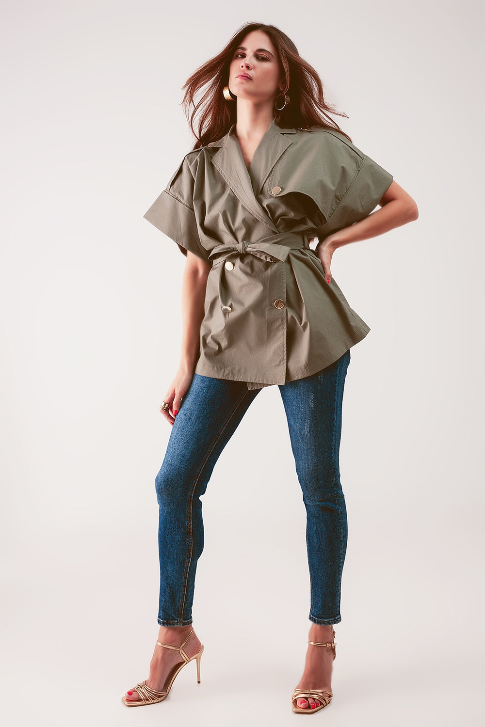 Veste ceinturée à épaules tombantes kaki