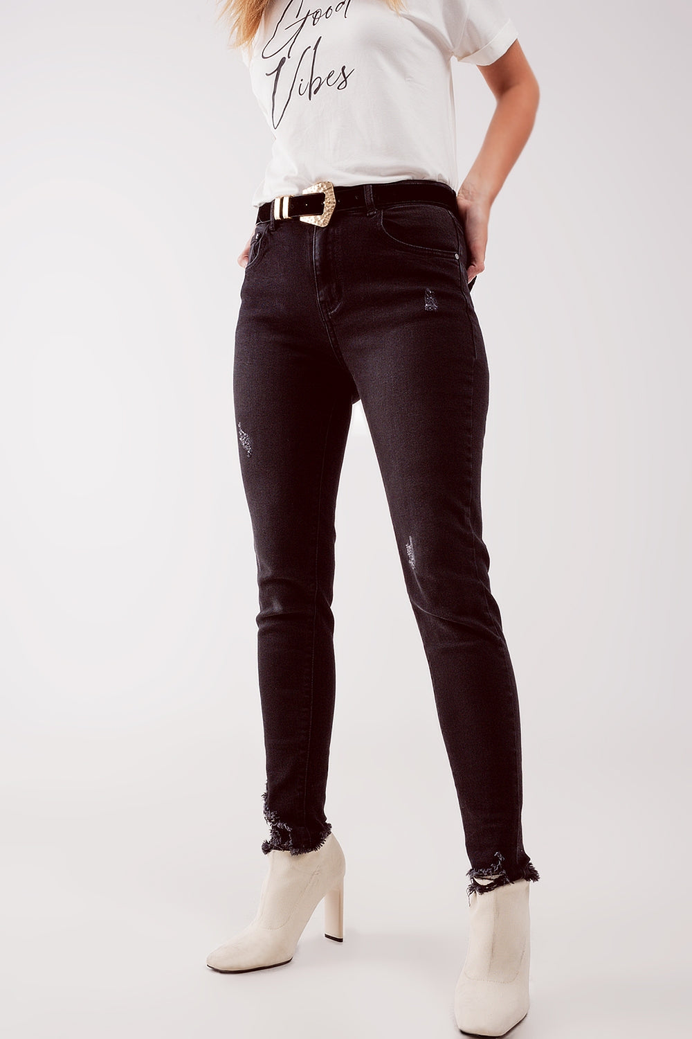 Jean skinny déchiré à taille haute Noir