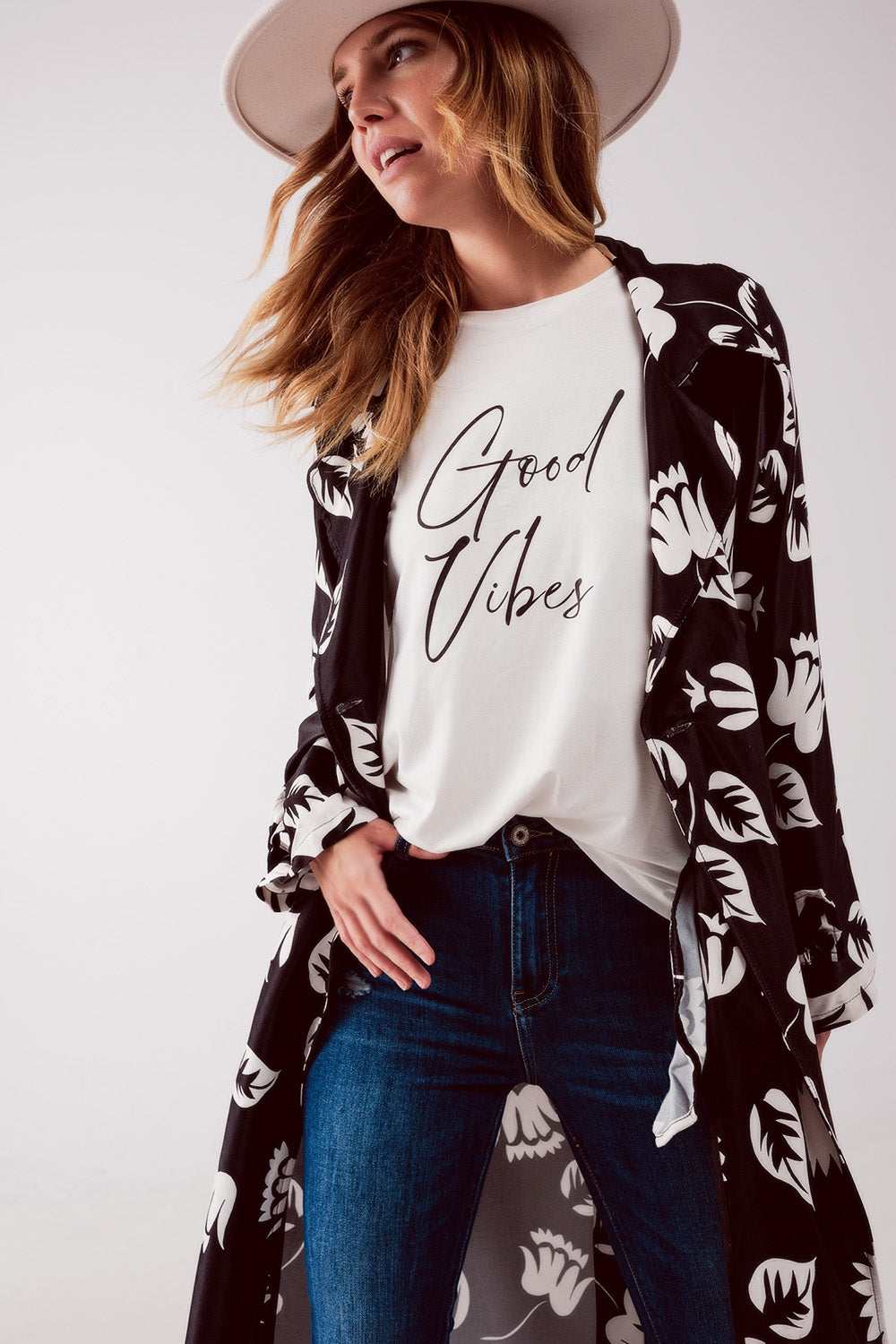 Long blazer noir à imprimé