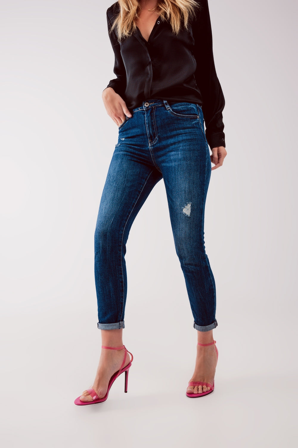 Jean skinny à taille haute et déchirures Bleu délavé moyen