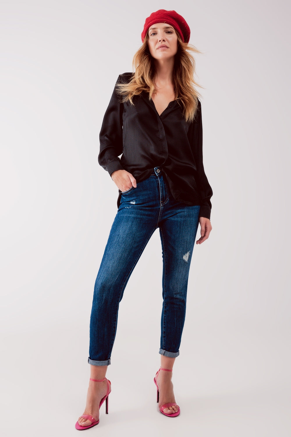 Jean skinny à taille haute et déchirures Bleu délavé moyen