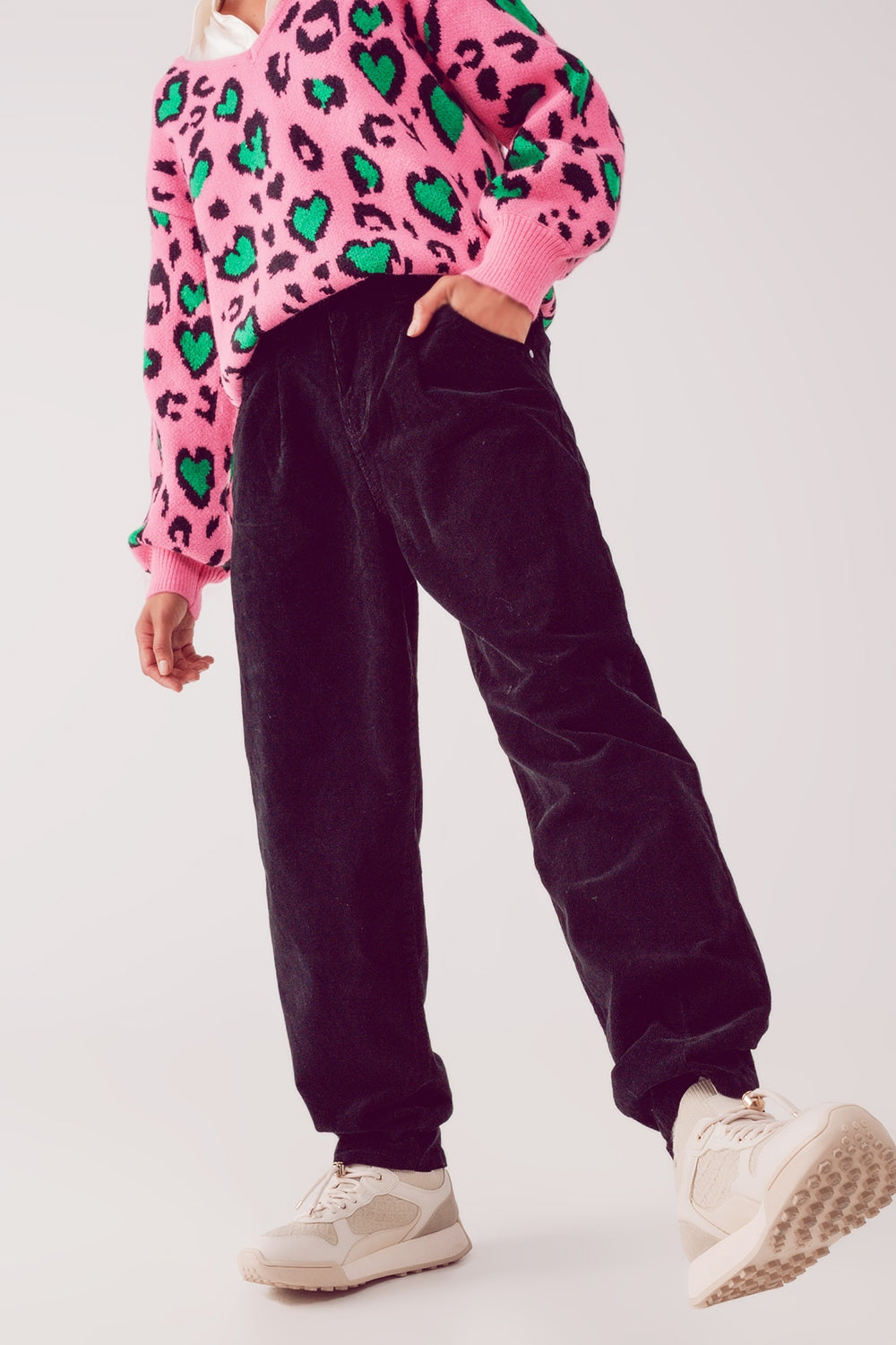 Pantalon large à taille haute slouchy en velours côtelé noir
