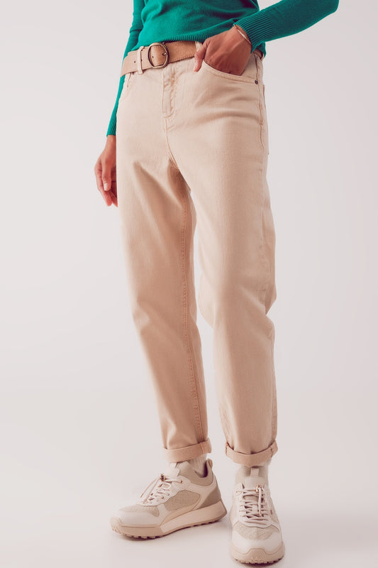 Jean slouchy à taille mi haute en coton beige