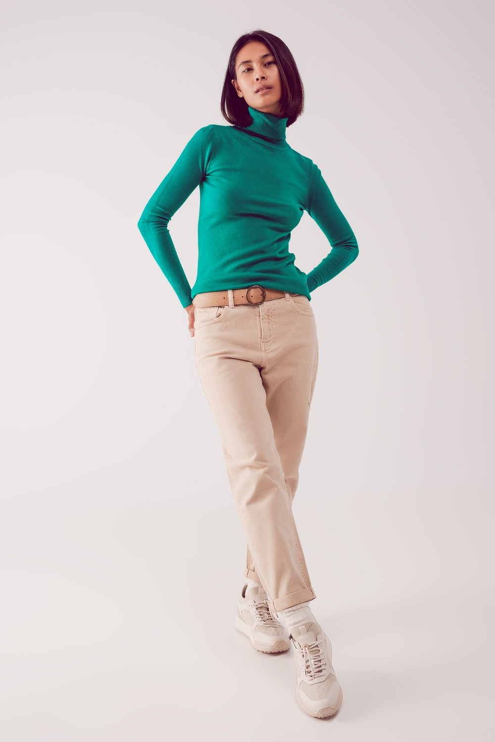 Jean slouchy à taille mi haute en coton beige