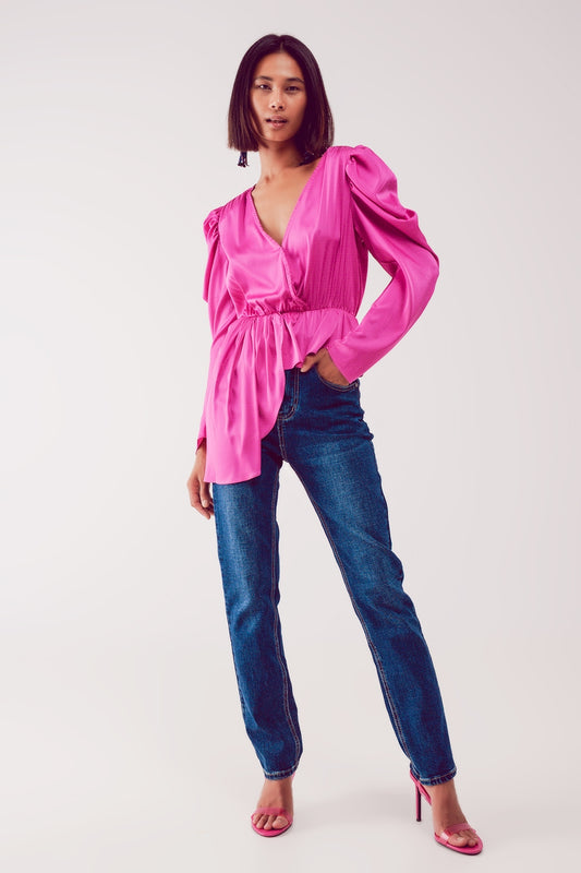 Blouse asymétrique à manches bouffantes en fuchsia