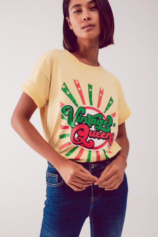 T shirt jaune décontracté avec impression graphique Vintage Queens