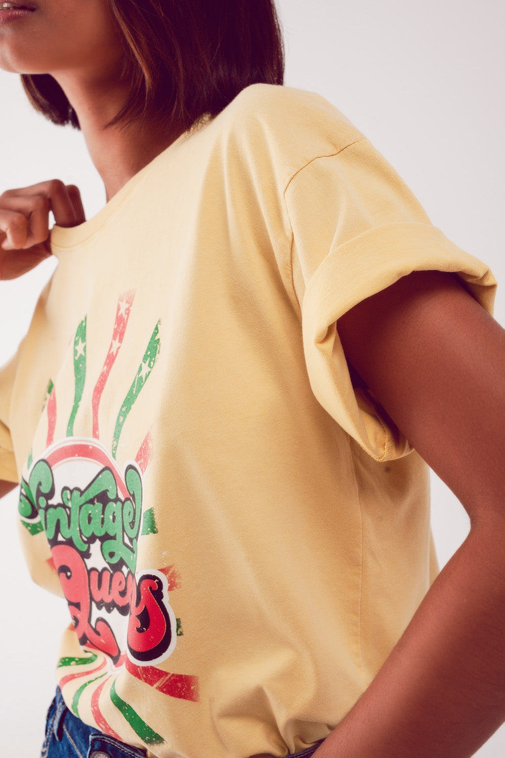 T shirt jaune décontracté avec impression graphique Vintage Queens