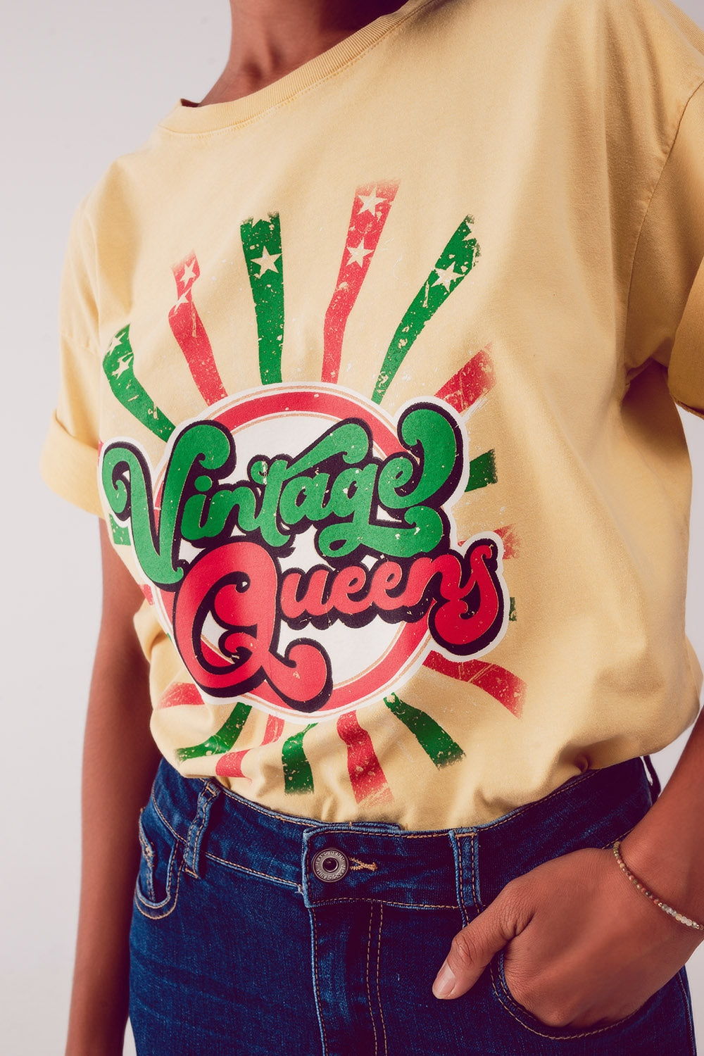 T shirt jaune décontracté avec impression graphique Vintage Queens