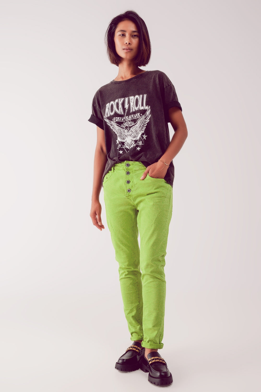Jean skinny avec boutons visibles vert