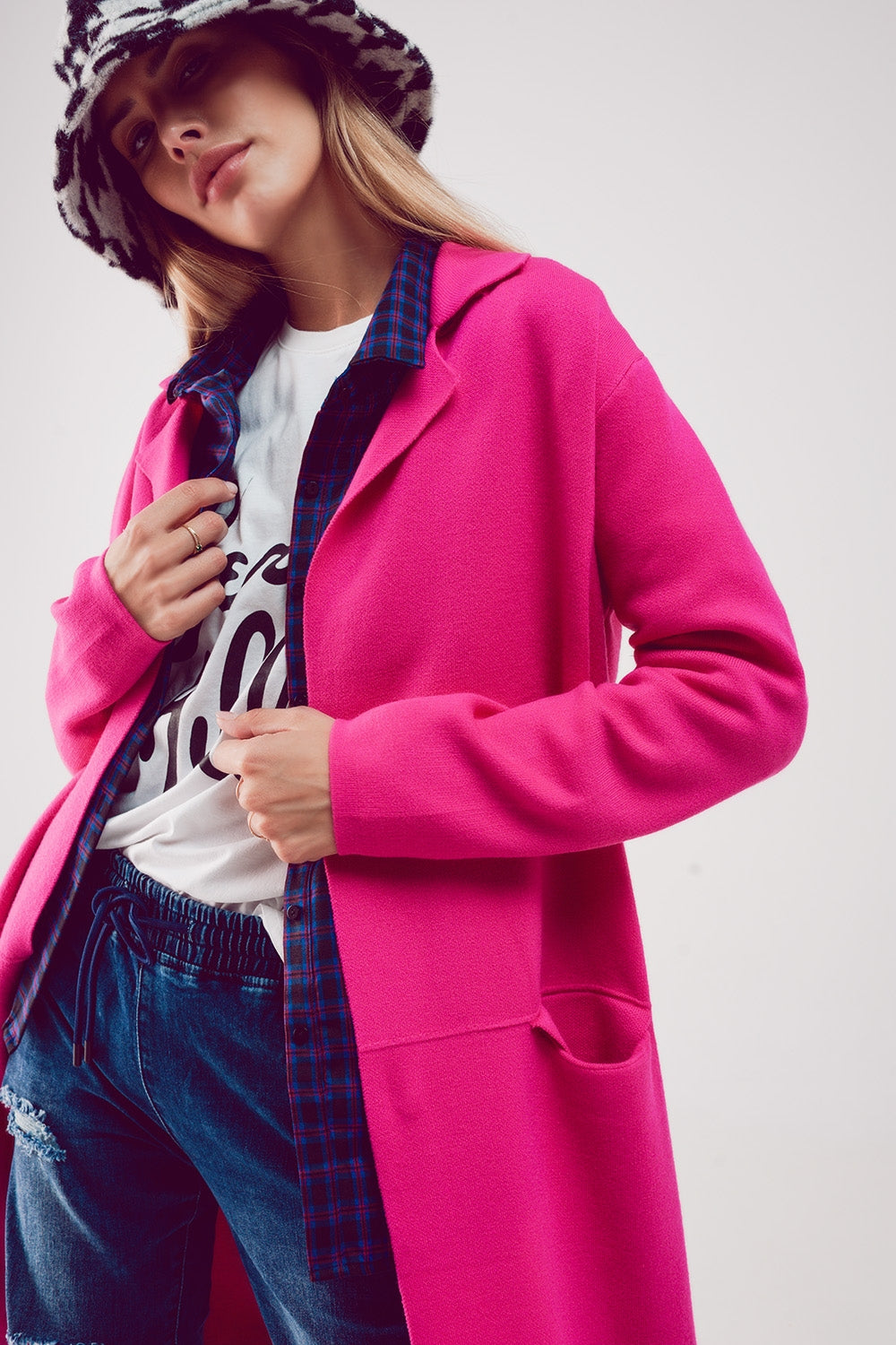 Gilet long avec col oversize fuchsia