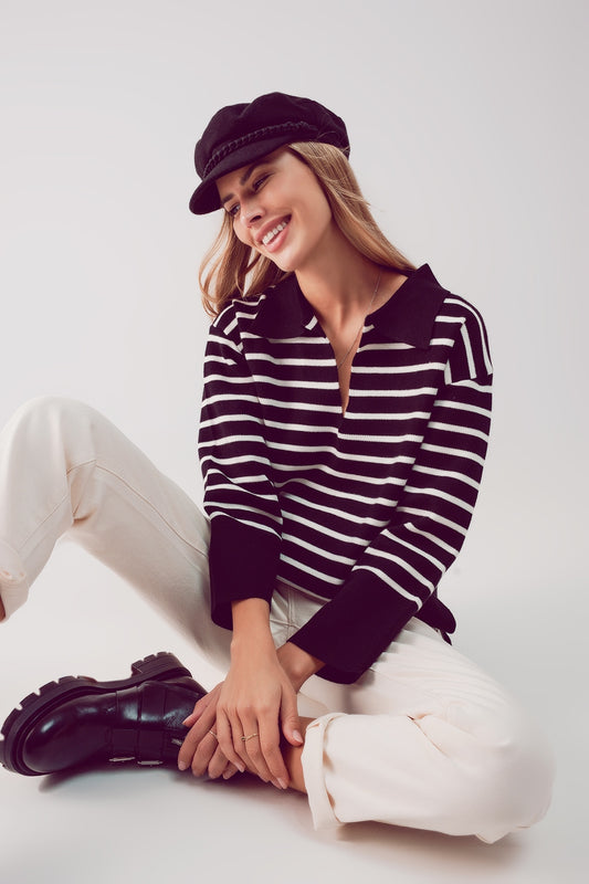 Pull col polo rayé noir
