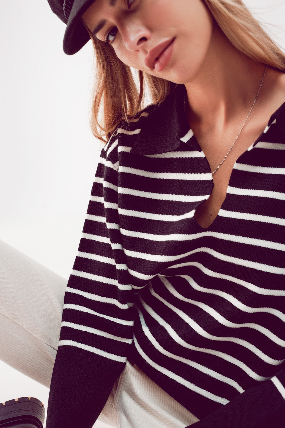 Pull col polo rayé noir