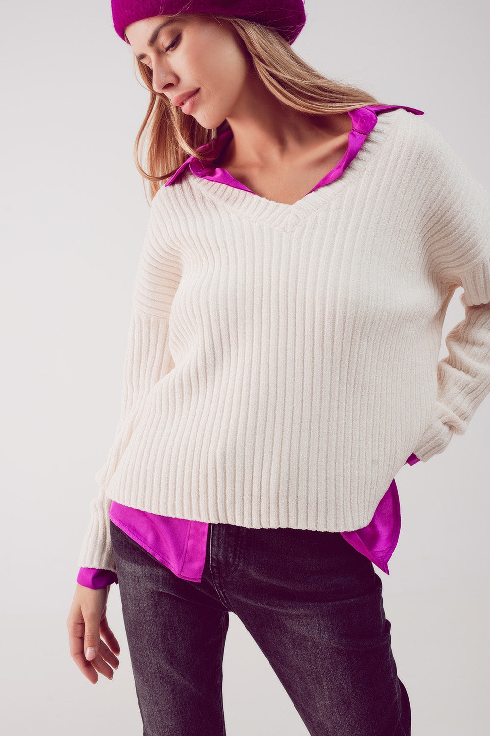 Pull en maille chenille crème