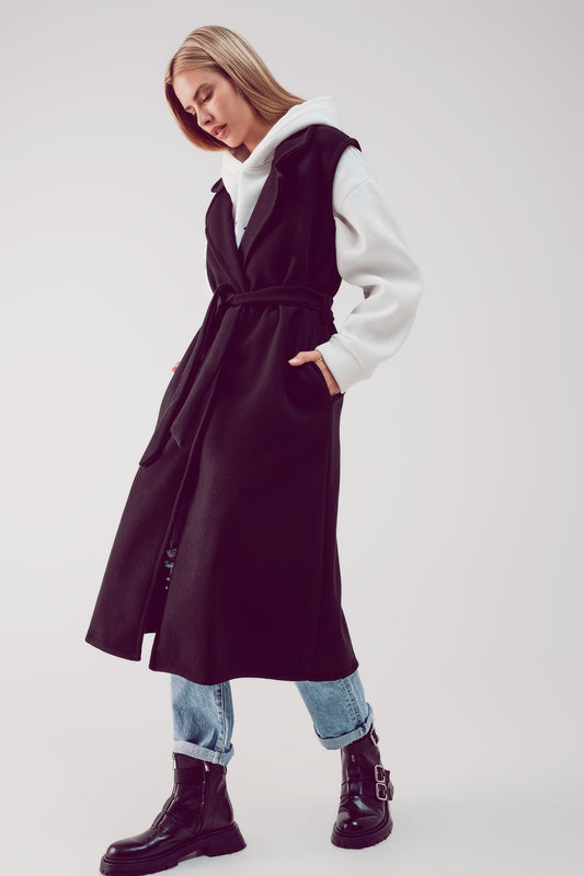 Gilet longue sans manches à ceinture noir