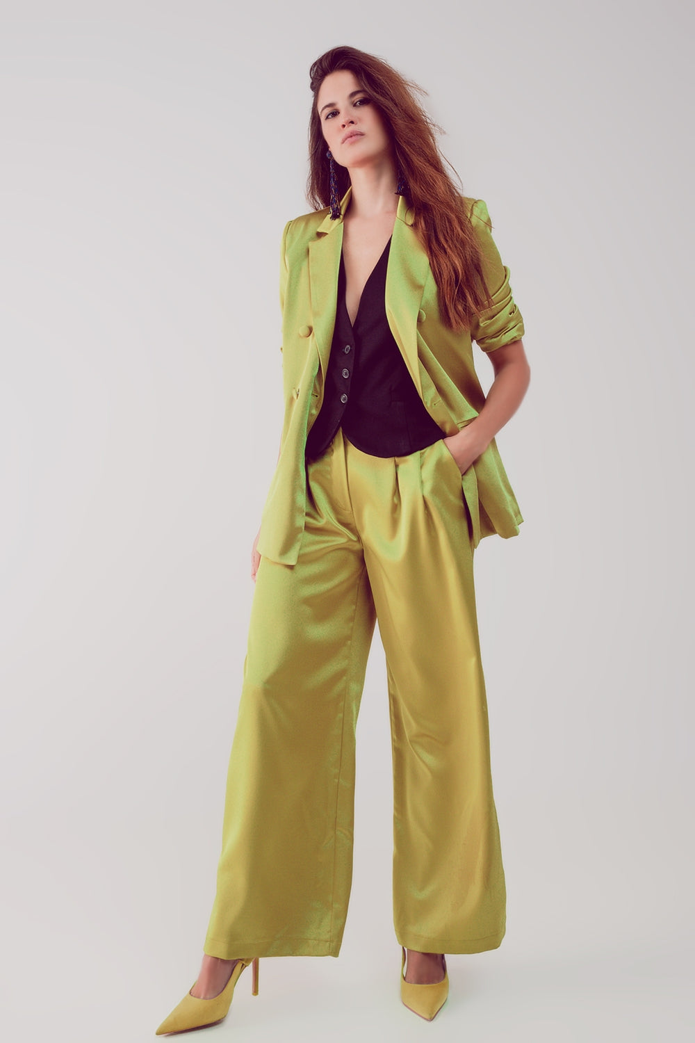 Blazer à double boutonnage en tissu satiné citron vert
