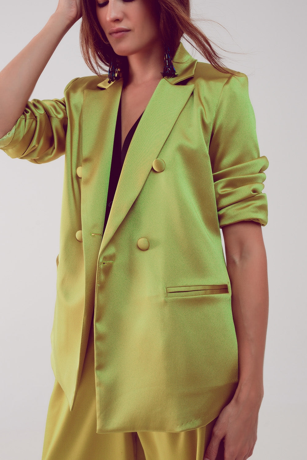 Blazer à double boutonnage en tissu satiné citron vert