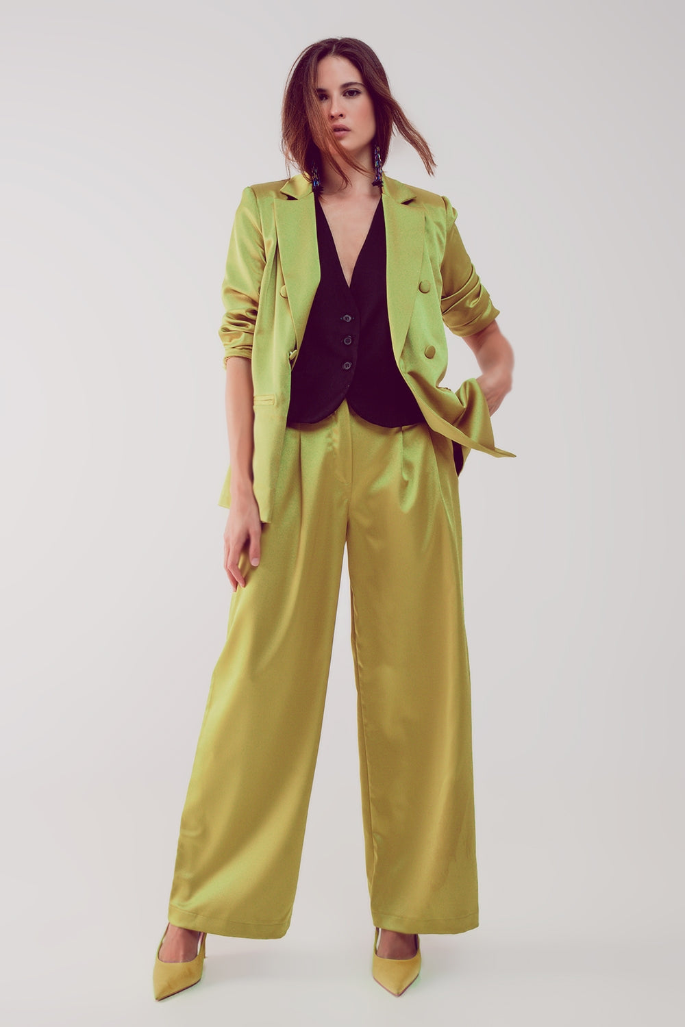 Blazer à double boutonnage en tissu satiné citron vert