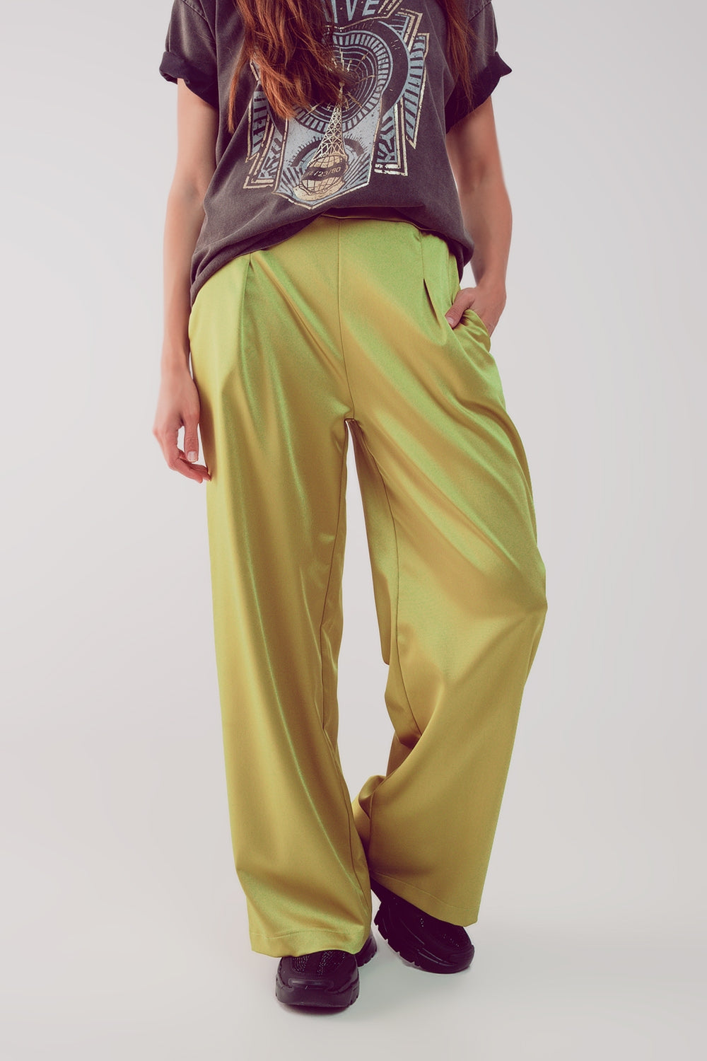 Pantalon large à pinces en satin citron vert