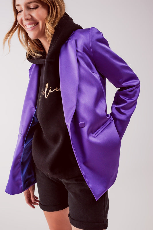 Blazer à double boutonnage en tissu satiné violet