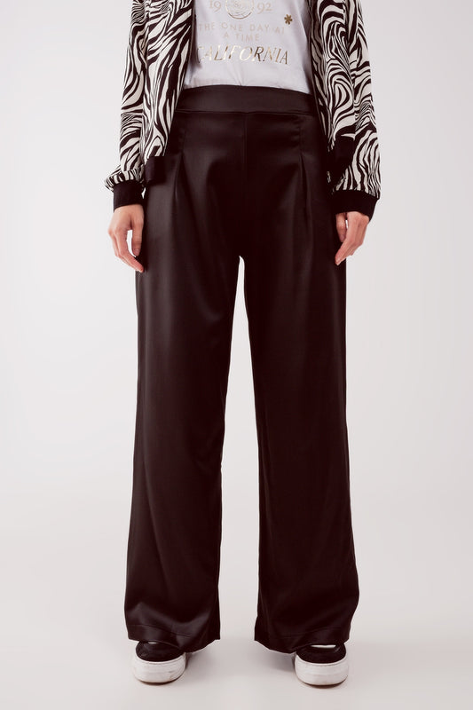 Pantalon large à pinces en satin Noir