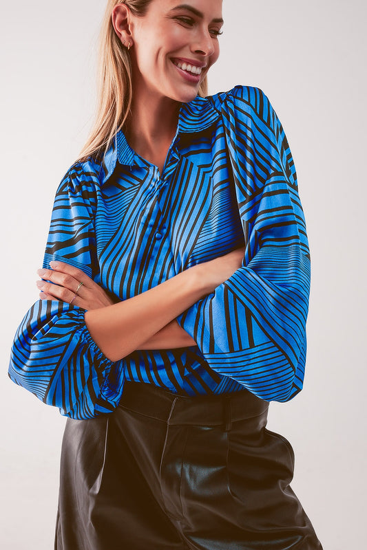 Blouse imprimée à manches bouffantes bleu