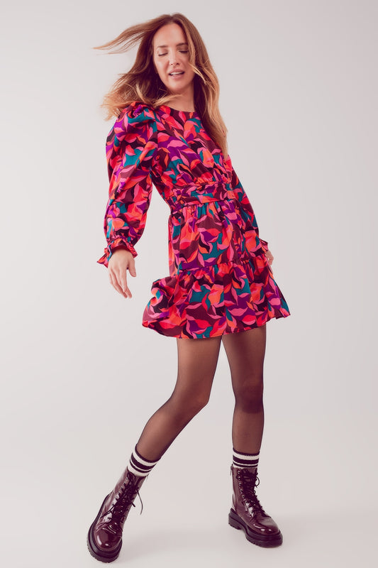 Mini robe fuchsia à manches bouffantes