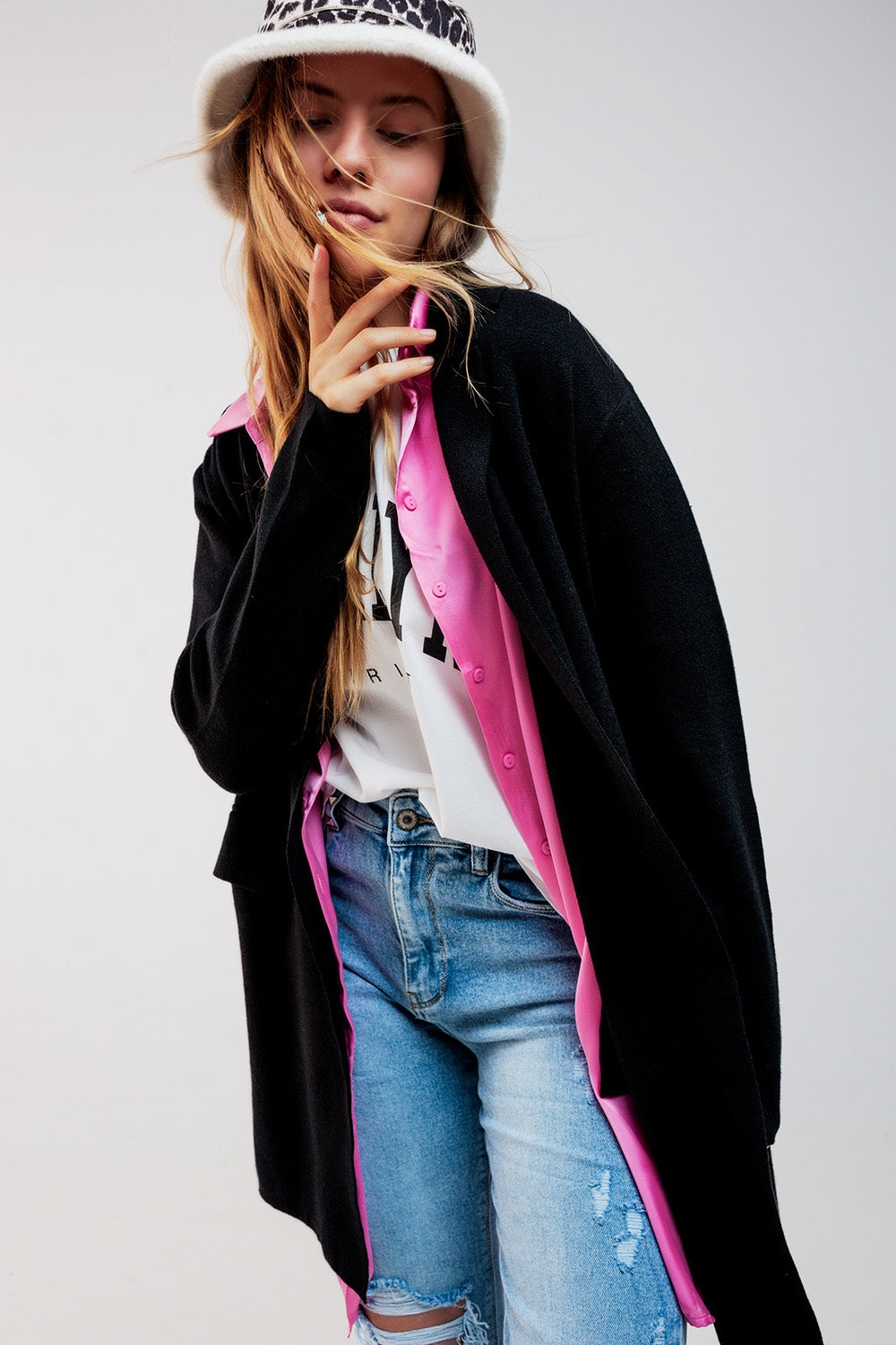 Gilet long avec col oversize noir