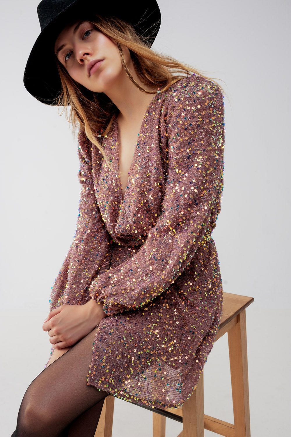 Mini robe portefeuille à paillettes rose