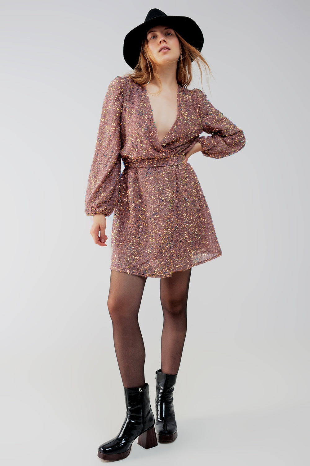 Mini robe portefeuille à paillettes rose