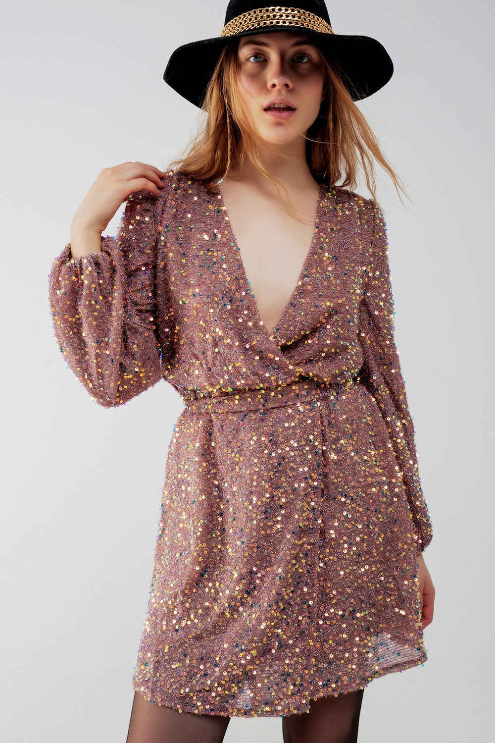 Mini robe portefeuille à paillettes rose