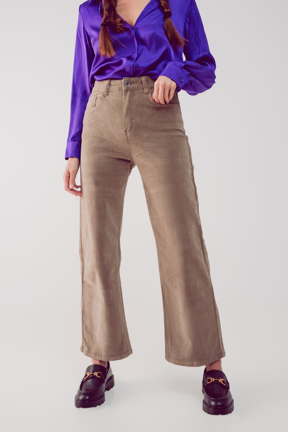 Pantalon raccourci en velours côtelé beige
