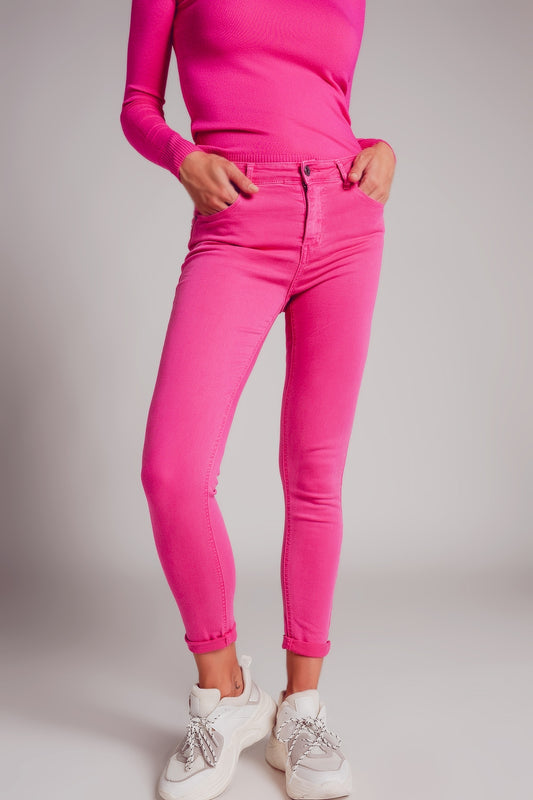 Jean skinny taille haute en fuchsia