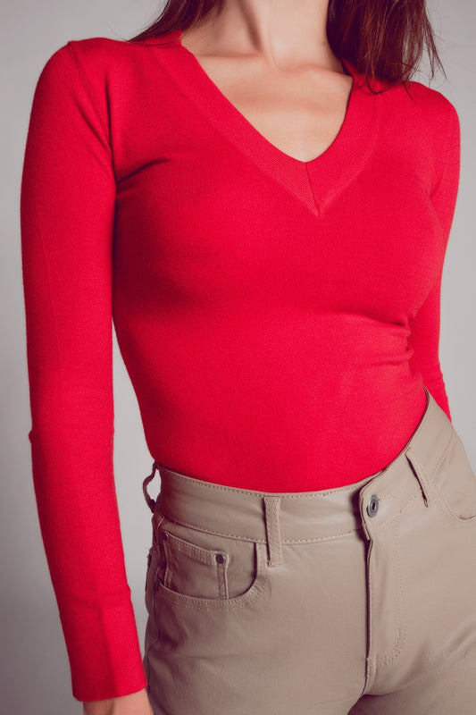 Pull à col en V en maille fine rouge