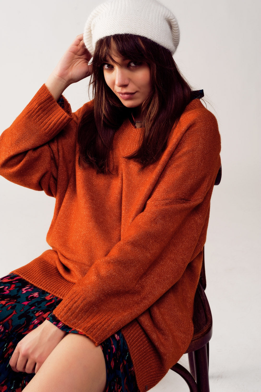 Robe pull oversize à col V orange