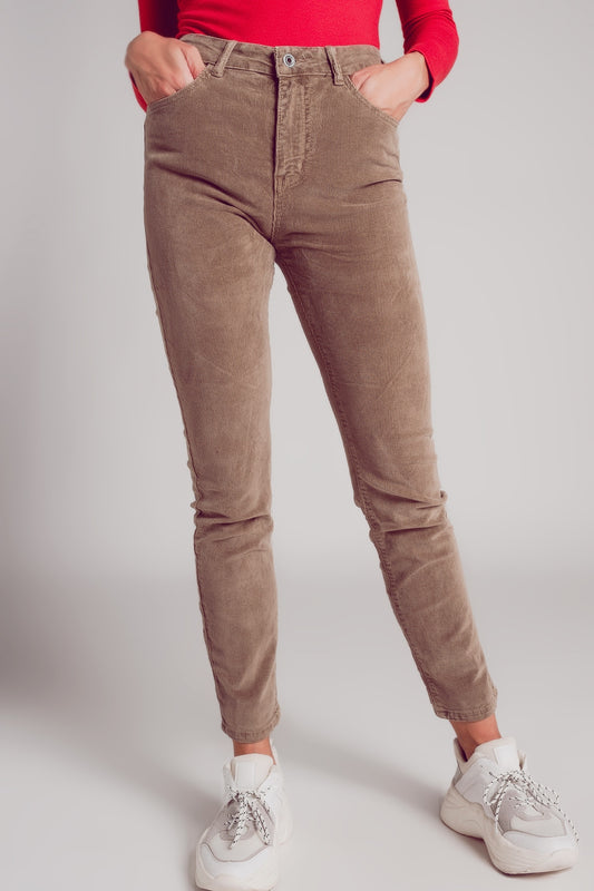 Pantalon ajusté en velours de coton côtelé beige