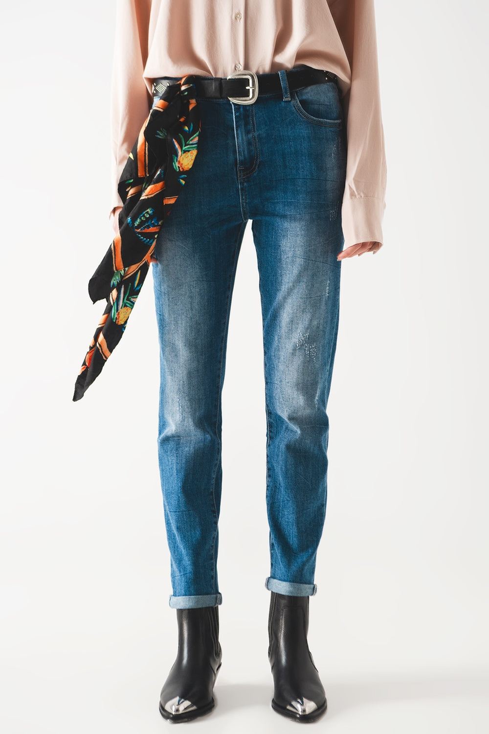 Jean cigarette taille haute à délavage moyen