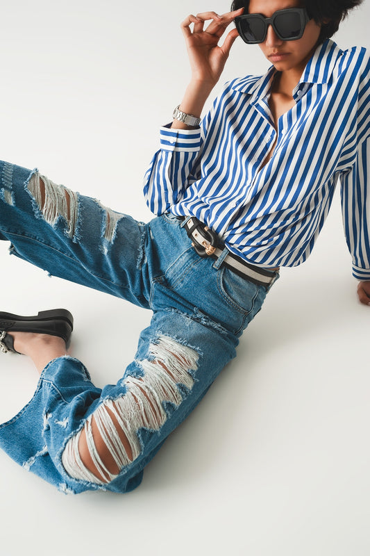 Jean boyfriend déchiré bleu