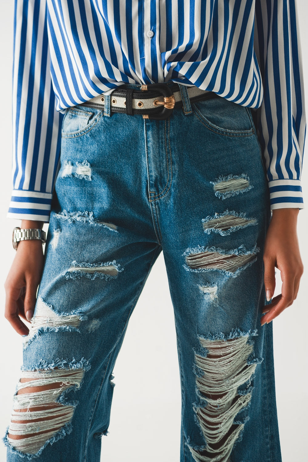 Jean boyfriend déchiré bleu
