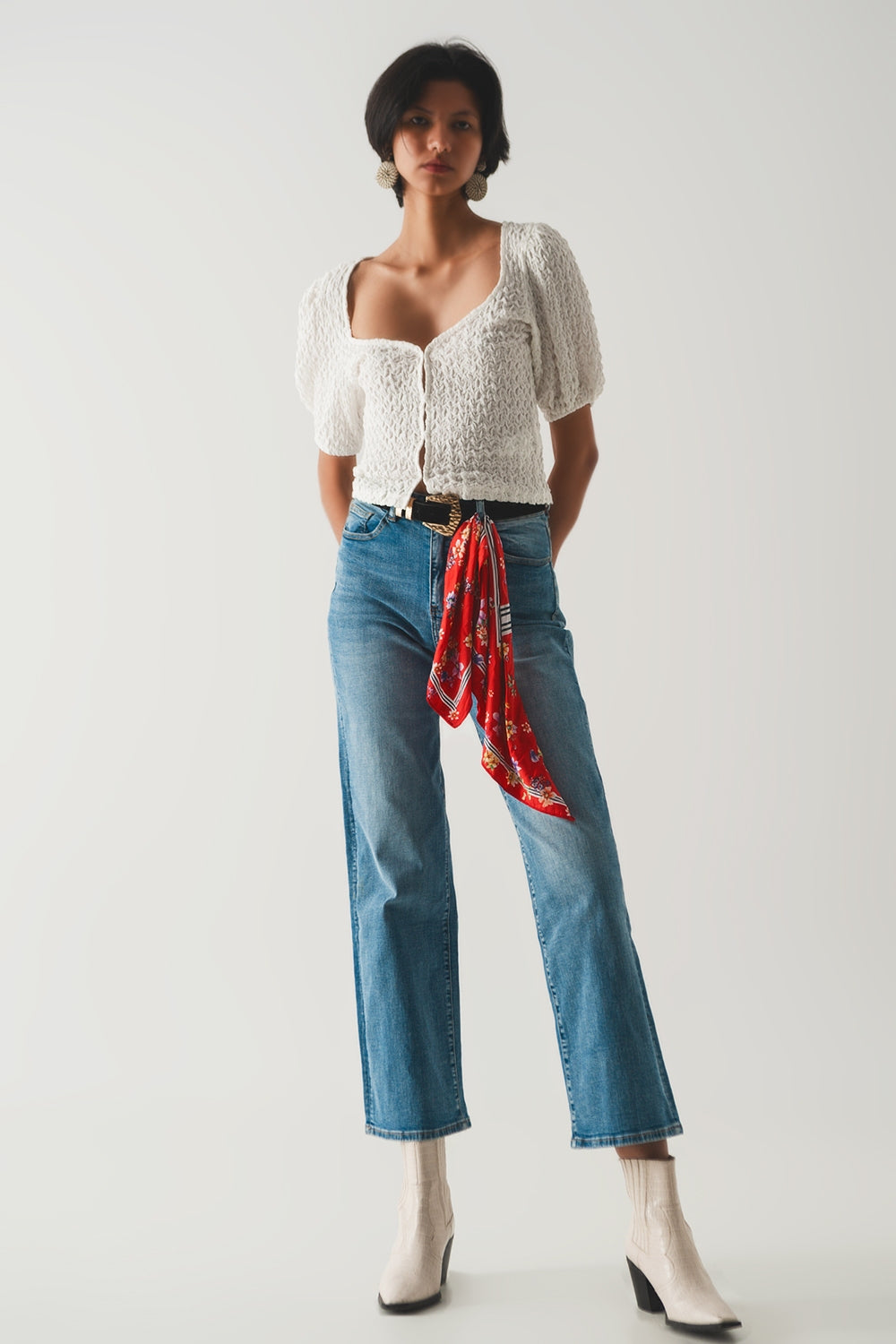 Jean taille haute coupe droite en coton Bleu